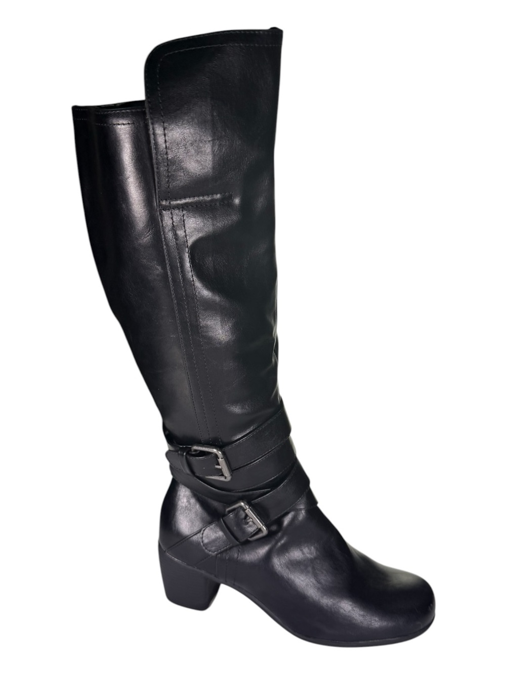 Classic Black Knee-High Leather Boots with Buckle Detail